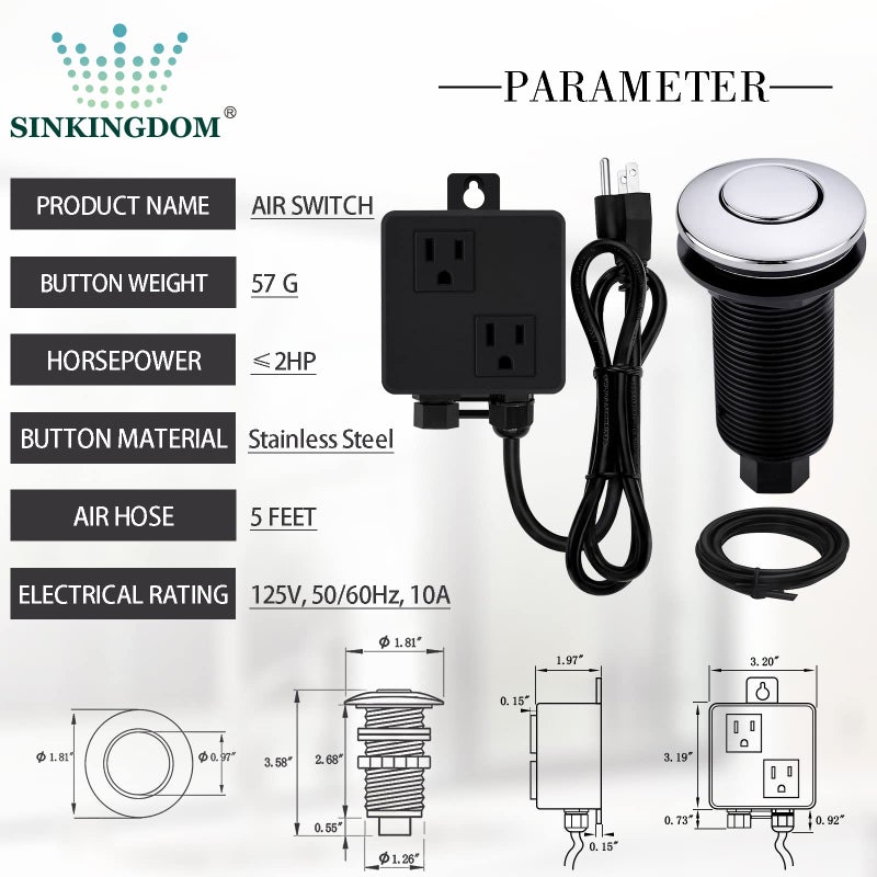 SINKINGDOM Garbage Disposal Sink Top Air Switch Kit with Long Button, Chrome(Brass cover) - Image 2